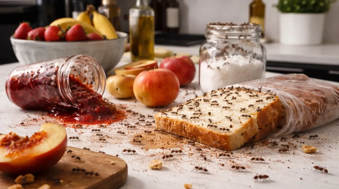 Large ant infestation spreading across a residential kitchen counter, contaminating food like bread and fruit